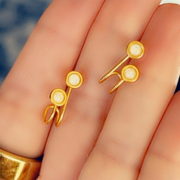 14k Vermeil Gold Semi Precious Double Opal Earrings - Picture 7 of 17